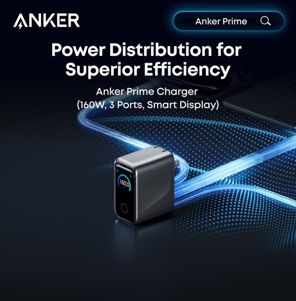This ad showcases the Anker Prime Charger, highlighting its power distribution, superior efficiency, 160W output, 3 port