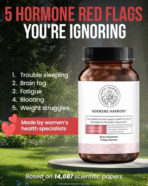 This ad is for Happy Mammoth Hormone Harmony, a dietary supplement. The ad lists 5 hormone red flags that women may be i