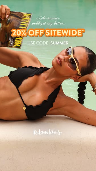 Image ad featuring a model in a bikini promoting a 20% off sitewide sale using code SUMMER from Kulani Kinis.
