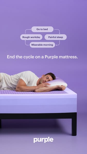 This ad for Purple mattress highlights the cycle of a rough workday leading to a painful sleep and miserable morning, su