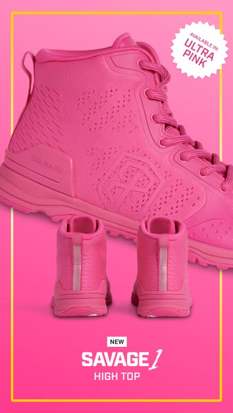 This ad showcases the new Savage 1 high top shoe in ultra pink. The ad is designed to be visually striking and highlight
