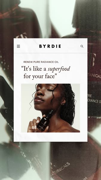 This ad features Byrdie's Renew Pure Radiance Oil. It positions the oil as "like a superfood for your face"