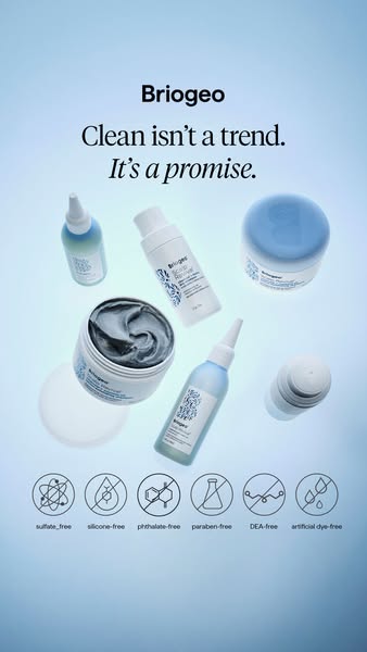 This ad showcases Briogeo haircare products, emphasizing their 'clean' formulations. The visual arrangement high