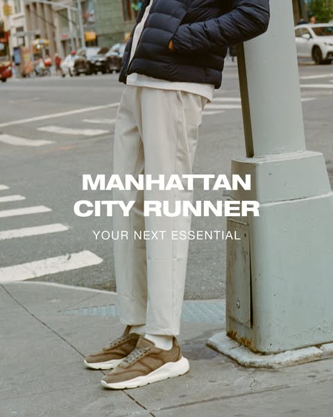 This ad features an individual standing on a city crosswalk with a shoe product being advertised. The text promotes the 