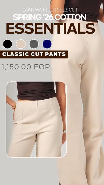 This ad showcases a pair of beige pants from a Spring collection, highlighting their classic cut and material. The ad em