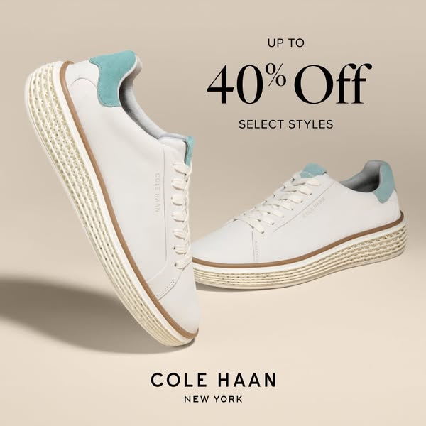 This image ad showcases Cole Haan shoes with an offer of up to 40% off select styles.