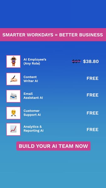 This ad promotes AI employees for various business roles, highlighting their cost-effectiveness by offering some for fre