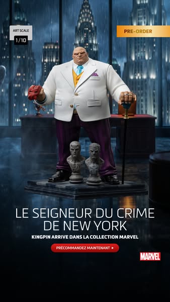 This image ad features a collectible figurine of the Marvel villain Kingpin standing on a platform in front of a city ba