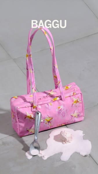 This ad features a Baggu crescent bag with a star pattern. A melting scoop of ice cream is placed at the base of the bag