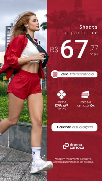 This is a vertical image ad promoting shorts from Donna Carioca. It features a woman in workout attire running on a city