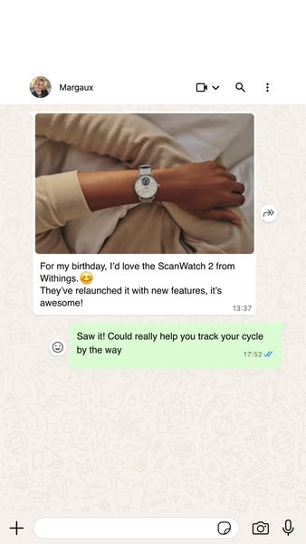 This ad is for the Withings ScanWatch 2. It is presented as a screenshot of a text message conversation where one person
