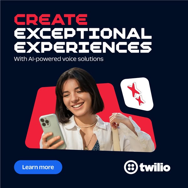 This image ad promotes Twilio's AI-powered voice solutions. It features a smiling woman looking at her smartphone, w