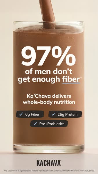 This image ad highlights Ka'Chava's whole-body nutrition shake, emphasizing its high fiber and protein content, 