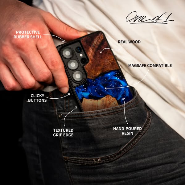 This ad showcases a stylish and durable phone case, emphasizing its unique design, real wood material, protective featur