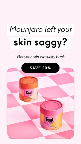 This ad highlights the potential side effects of Mounjaro, specifically saggy skin, and positions Feel Pro Collagen as t
