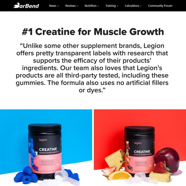 This ad features a website screenshot promoting Legion Creatine for muscle growth. It highlights transparent labels, thi