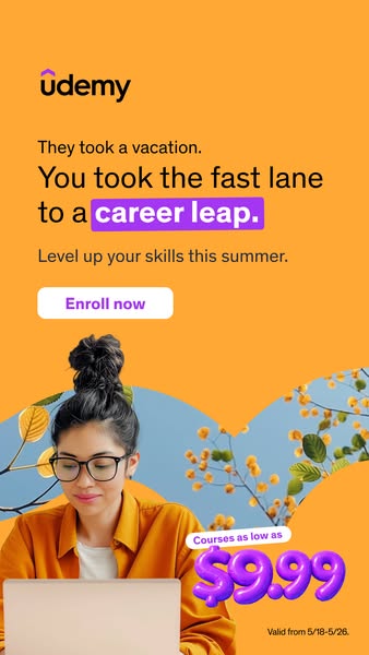 This image ad for Udemy highlights how users can 'level up their skills this summer' with courses as low as $9.9