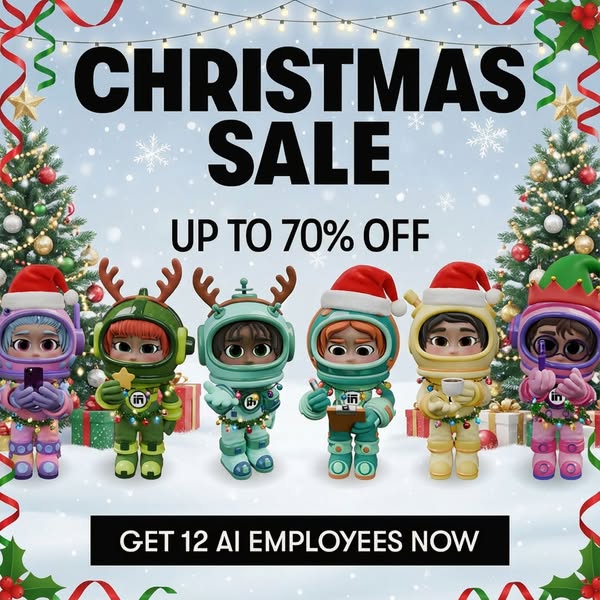 This ad promotes an AI employee service, offering 12 AI employees at a discounted rate as part of a Christmas sale. The 