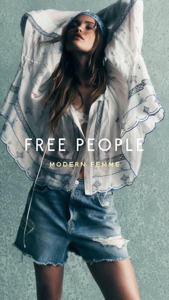 This ad features a model wearing Free People clothing, specifically a shirt and jean shorts. The ad focuses on presentin