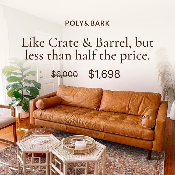 This image ad for Poly & Bark compares the brand to Crate & Barrel while noting that it is less than half the pr
