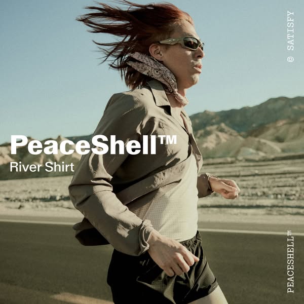 This ad features a runner wearing the PeaceShell™ River Shirt. The brand highlights the product name and shows it in the