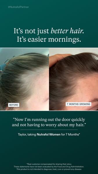 This image ad shows a split-screen before and after photo of a woman's hair, along with a quote from the woman sayin