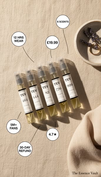 Ad for The Essence Vault featuring a sample set of 6 scents highlighting key product benefits. The ad highlights the bra