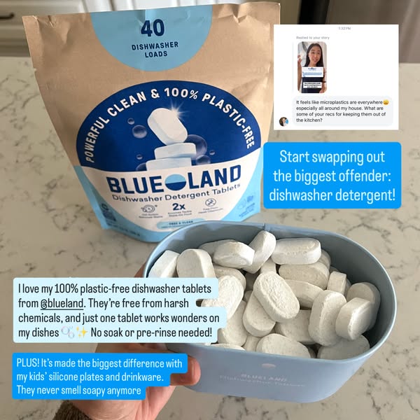 The ad features Blueland dishwasher detergent tablets and promotes its plastic-free, chemical-free, and effective cleani