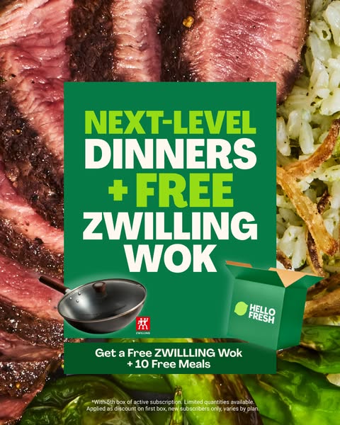 This ad for HelloFresh promotes a limited-time offer of a free Zwilling Wok and 10 free meals. The ad features an image 