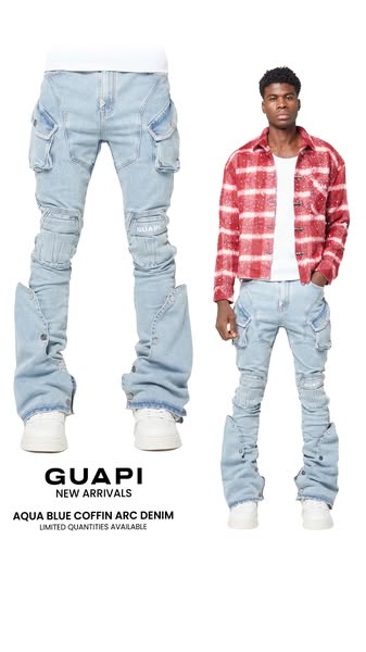 Image ad for GUAPI Aqua Blue Coffin Arc Denim jeans, showcasing the product on a model and on its own against a white ba
