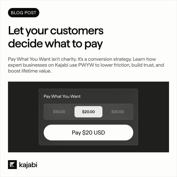 This image promotes a blog post about using the "Pay What You Want" strategy. It explains that this isn't 