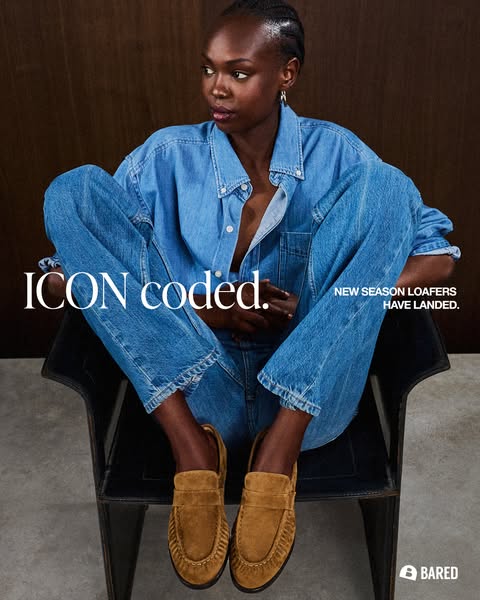 Image promoting BARED footwear's new season loafers, featuring a woman dressed in denim sitting in a black chair wit