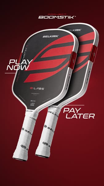 This ad promotes Project BOOMSTIK pickleball paddles by Selkirk, highlighting the option to 'Play Now' and '