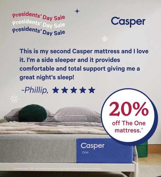 This ad for Casper mattress features a customer testimonial and a limited-time offer for President's Day. The ad aim