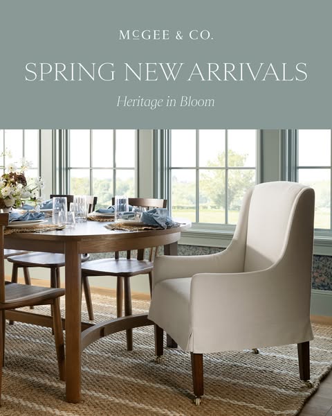 This ad showcases McGee & Co.'s spring new arrivals with a focus on heritage and blooming designs. The scene dep