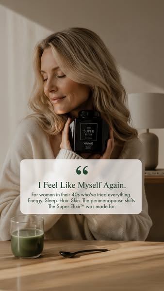 This ad features a woman holding a bottle of WelleCo The Super Elixir. There is a quote bubble with a testimonial about 