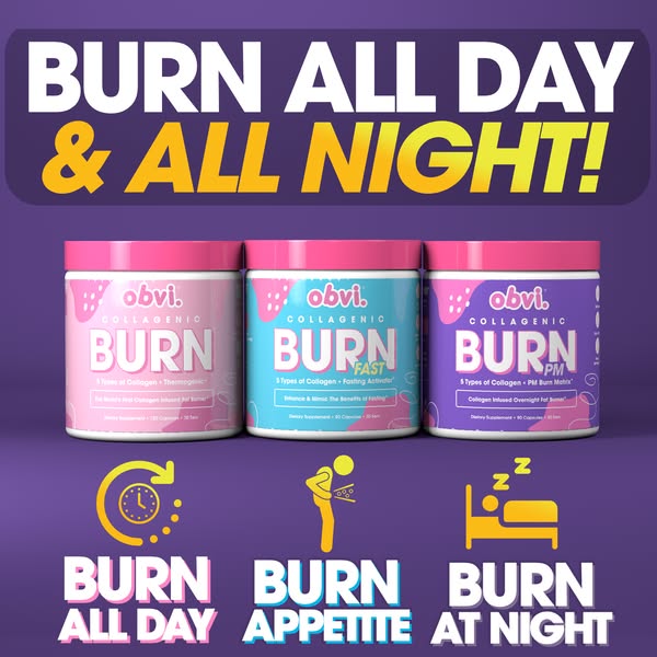 This ad features three Obvi Collagenic Burn products, each designed for a different time of day: All Day, Appetite, and 