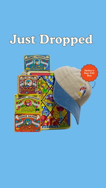 This ad showcases a range of Fishwife tinned fish products alongside a Fish Dad baseball cap, promoting them as a Father
