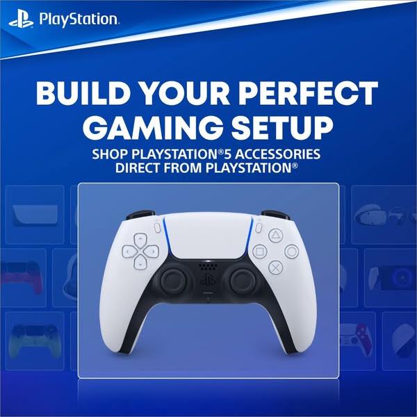This image ad by PlayStation promotes PlayStation 5 accessories. It features a DualSense controller as the main visual e