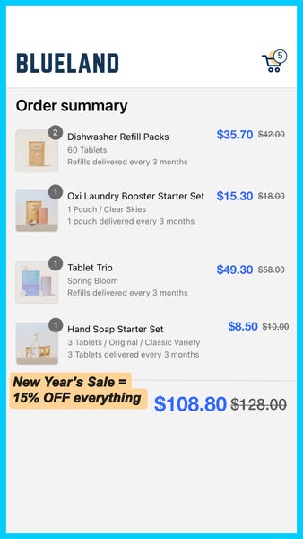 This ad is in the style of a screenshot of an order summary for Blueland, and it is showing the New Year's sale of 1