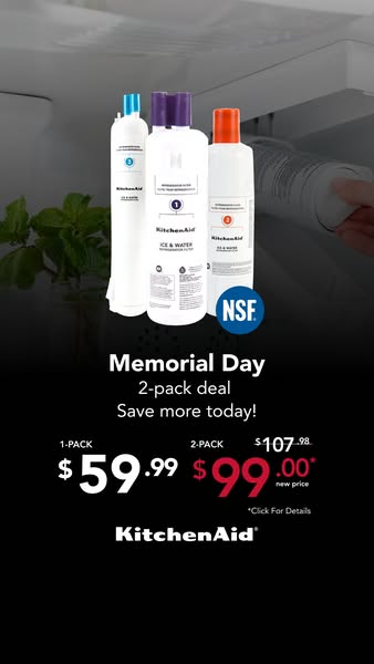 This ad promotes a KitchenAid refrigerator water filter. The image features three water filter products prominently disp