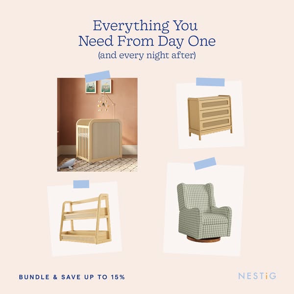 This ad showcases Nestig products, featuring a crib, dresser, bookshelf, and chair. It emphasizes the idea of having eve