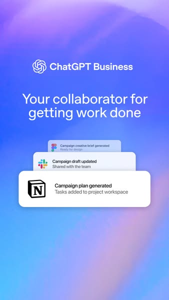 This ad for ChatGPT Business highlights the platform's ability to manage tasks and generate project plans and creati