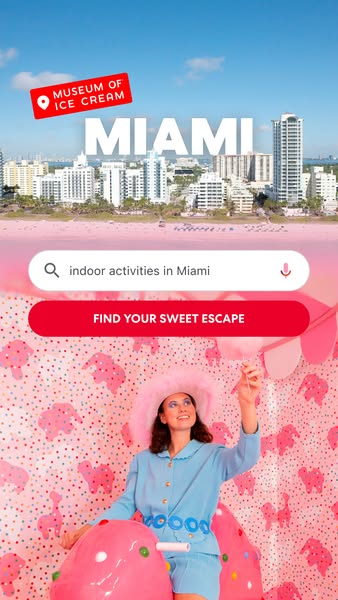 This ad for the Museum of Ice Cream recreates a search screen with a woman inside the museum posing in front of a pink b