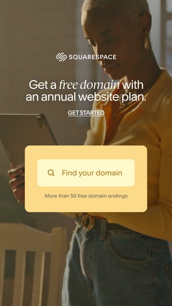 This ad promotes Squarespace by offering a free domain with an annual website plan. It features a search bar to find a d