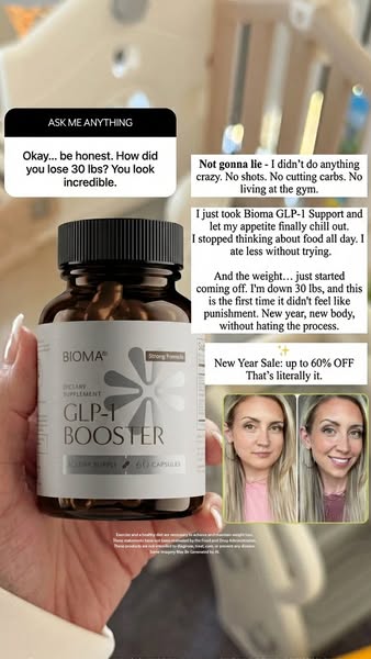 Image ad promoting Bioma GLP-1 Booster. The ad includes social proof with a customer testimonial about losing 30 lbs whi