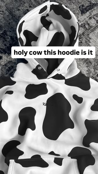 This ad showcases a white hoodie with a black cow print. The headline is a humorous take on the cow print.