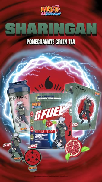 This ad promotes G FUEL's Sharingan Pomegranate Green Tea energy formula, featuring the anime character Hatake Kakas