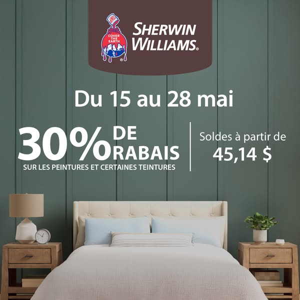 This image ad for Sherwin-Williams announces a 30% discount on paint and certain stains from May 15th to May 28th.