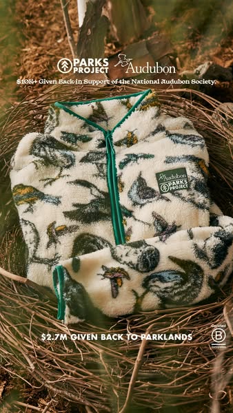 This image ad showcases a white fleece jacket with a bird and mushroom pattern, highlighting the collaboration between P